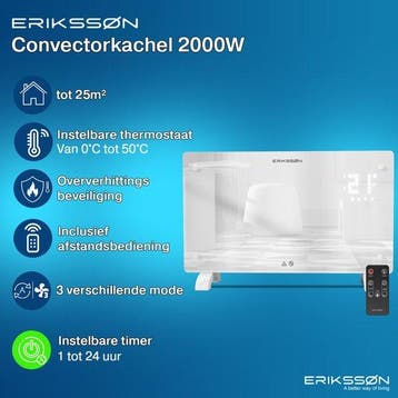 2dekans | Erikssøn Elektrische Kachel - 2000W Heater - wit, Ophalen of Verzenden, Zo goed als nieuw