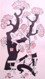 Boom met stembiljetten boven geschrokken man op spotprent, Verzenden