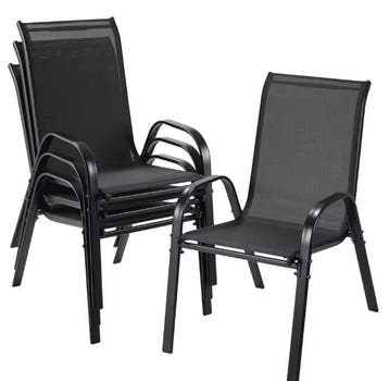 Nieuw: Set van 4 Tuinstoelen Stapelbaar – Staal, zwart,, Verzenden, Nieuw, Metaal, Stapelbaar