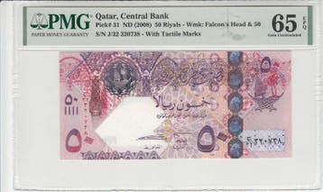 2008 Qatar 50 Riyals Nd Pick 31 Pmg Gem Unc 65 Epq, Verzenden