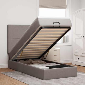 vidaXL Bed poef met matras en LEDs 90x200 cm stof taupe, 90 cm, Eenpersoons, Verzenden, Nieuw