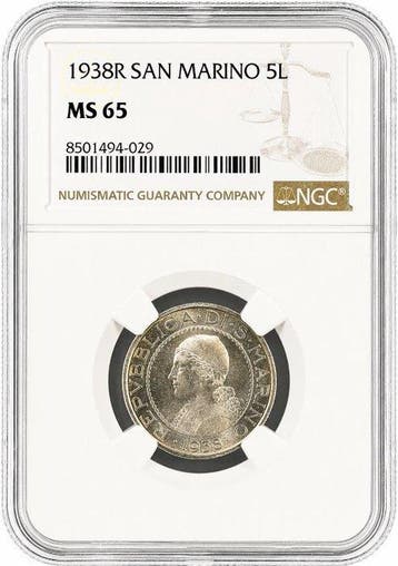 San Marino. 5 Lire 1938 - NGC MS65