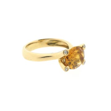 Gouden solitairring met citrien en diamant; 0,08 ct., 18 tot 19, Gebruikt, Ophalen of Verzenden, Met edelsteen