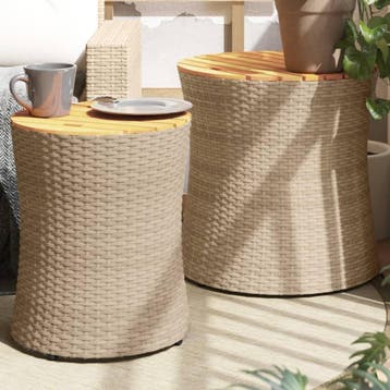 vidaXL Tuinbijzettafels 2 st met houten blad poly rattan, Tuin en Terras, Verzenden, Nieuw