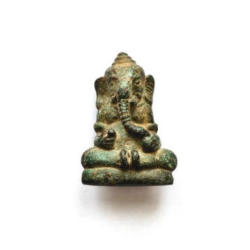 Oud-Indochinese Brons XS Zittende Ganesha op Troon Kralen, Antiek en Kunst