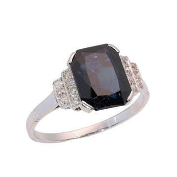 Ring Platina - Diamant - Saffier, Art Deco jaren dertig, Nieuw