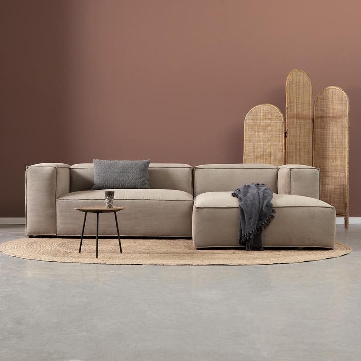 *WOONWINKEL* Beige Rib Bank Met Chaise Longue Rechts, Huis en Inrichting, Banken | Bankstellen, Nieuw, Verzenden
