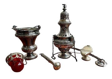 Antieke Katholieke Liturgische Set – Wierookvat, Scheepje,