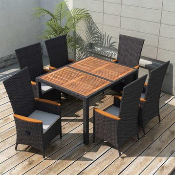 vidaXL 7-delige Tuinset poly rattan acaciahout zwart, Verzenden, Nieuw, 6 zitplaatsen, Tuinset