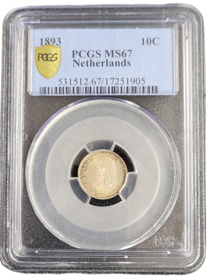 Koningin Wilhelmina 10 cent 1893 PCGS MS67 gecertificeerd, Postzegels en Munten, Munten | Nederland, Losse munt, 10 cent, Koningin Wilhelmina