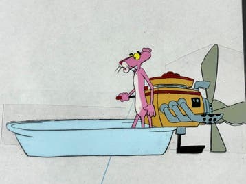 Friz Freleng - Originele animatiecel en tekening van De Roze, Nieuw in verpakking