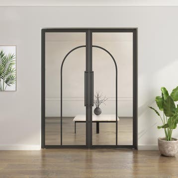 Dubbele stalen taatsdeur Zwart 2 Vlaks rond Helder glas, Minder dan 80 cm, Overige typen, Nieuw, Metaal