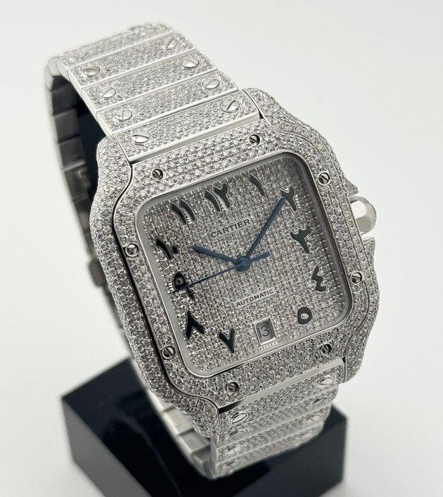 Cartier - Santos Diamonds Iced Out Arab Dial Custom -, Sieraden, Tassen en Uiterlijk, Horloges | Heren