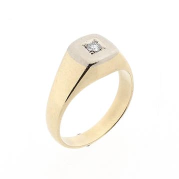 Bicolor gouden zegelring met diamant 0,09 ct., Sieraden, Tassen en Uiterlijk, Ringen, Gebruikt, 19 tot 20, Heer, Ophalen of Verzenden