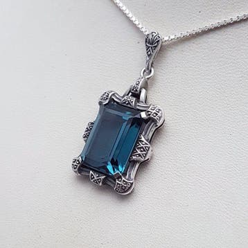 Zilver, Grote Art Deco, Groen/blauwe Spinel(Getest) -