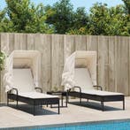 vidaXL Ligbedden 2 st met luifels en tafel poly rattan zwart, Tuin en Terras, Verzenden, Nieuw