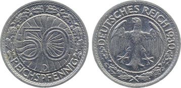 Duitsland 50 Reichspfennig 1930 D vz/stgl J 324, Verzenden