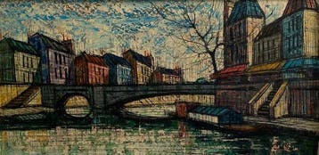 Franse school (XX) - Paris Cityscape with Seine River Bridge, Antiek en Kunst