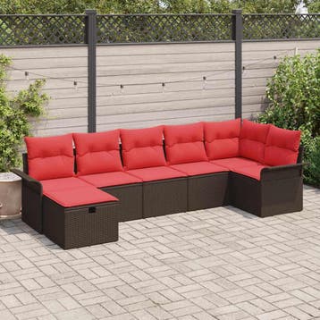 vidaXL Tuin Sofa Set met kussen 7 pcs Bruin en Rood poly, Verzenden, Nieuw, Rotan, 7 zitplaatsen