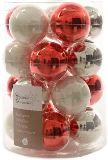 Glas Kerstballen Mix (6cm) Box 20 Stuks Rood-Witte Mix, Verzenden, Nieuw