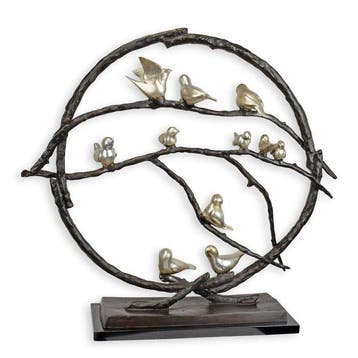 sculptuur, Large Bronze Sculpture of Birds on Branches –