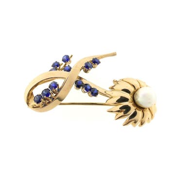 Vintage gouden broche met parel en saffieren, Sieraden, Tassen en Uiterlijk, Broches, Gebruikt, Overige kleuren, Ophalen of Verzenden