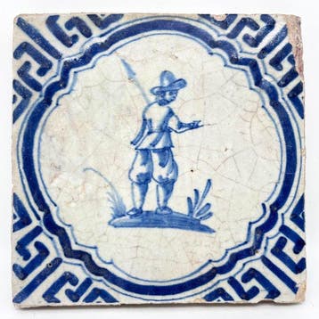Antiek Tegel - Antieke Delftsblauwe tegel met soldaat -, Antiek en Kunst