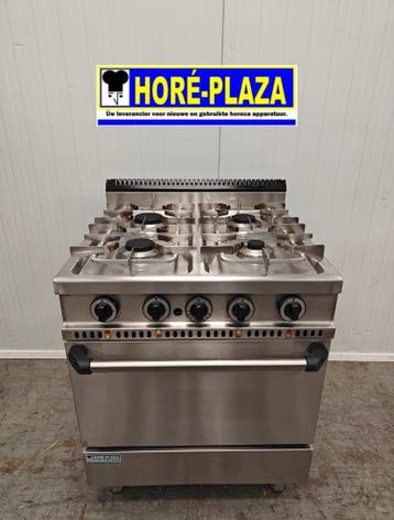 Horeca RVS Fornuis 4-pits met ingebouwde oven, Gebruikt, Fornuis, Frituur en Grillen