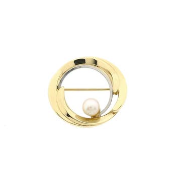 Bicolor broche met cultivéparel; 8 karaat, Gebruikt, Geel, Ophalen of Verzenden, Met edelsteen