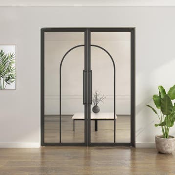 Dubbele stalen taatsdeur Zwart 2 Vlaks rond Helder glas*, Minder dan 80 cm, Overige typen, Nieuw, Metaal