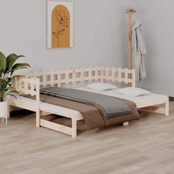 vidaXL Slaapbank uitschuifbaar 2x(90x200) cm massief, 90 cm, Eenpersoons, Bruin, Verzenden