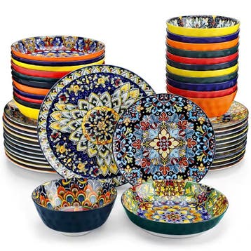 Boheemse Stijl Serviesset 24 of 48-Delig - Keramisch Servies, Verzenden, Keramiek, Nieuw, Bord(en)