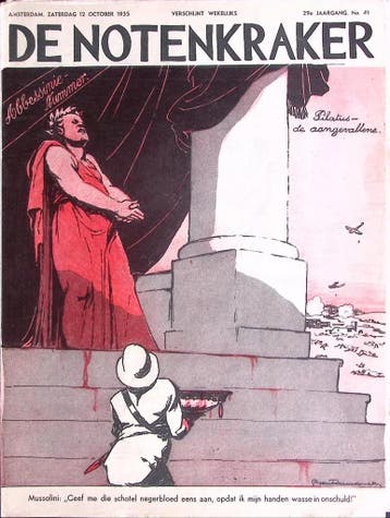 Spotprent met Benito Mussolini die zijn handen wil wassen..., Antiek en Kunst, Kunst | Litho's en Zeefdrukken, Verzenden