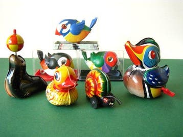 Lehmann - 3 x Vogel, 2 x eend, zeehond, slak - Opwindbaar, Antiek en Kunst, Antiek | Speelgoed
