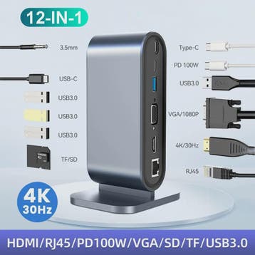 USB-C Docking Station 100W PD, 4K HDMI, VGA, RJ45, USB 3.0 H, Verzenden, Nieuw