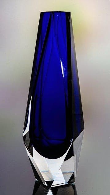 VEB Kunst Glas Gehren - Vaas - Facetgeslepen blauw