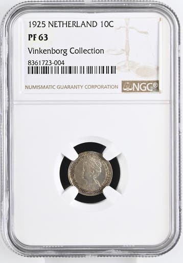 Koningin Wilhelmina 10 cent 1925 Proof NGC PF63 Vinkenborg, Postzegels en Munten, Verzenden, Zilver, 10 cent, Koningin Wilhelmina