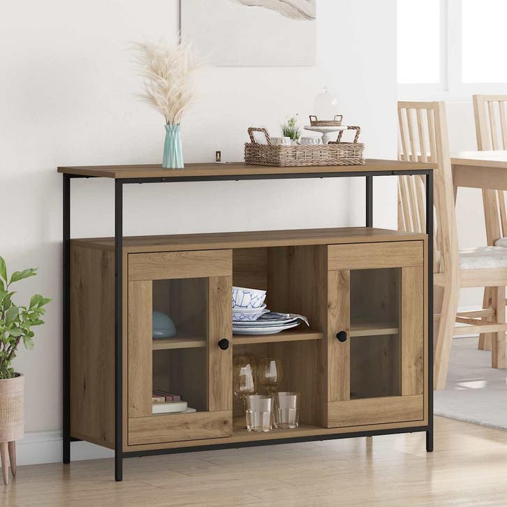vidaXL Dressoir Artisan Eiken 100 x 35 x 80 cm Bewerkt hout, Huis en Inrichting, Kasten | Dressoirs, 25 tot 50 cm, Nieuw, 100 tot 150 cm