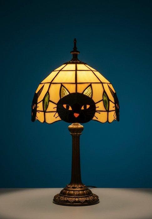 Tafellamp - Glas-in-lood, Metaal - Le Chat Noir -, Antiek en Kunst, Kunst | Designobjecten