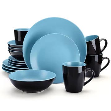Serviesset 16/32 delig – Mat Zwart + Blauw Steen Dinerborden, Verzenden, Nieuw, Keramiek, Bord(en)