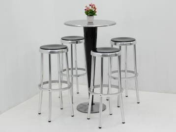 Bartafelset - statafel h105cm, trompetvoet zwart + 4 metalen, Ophalen of Verzenden, Gebruikt