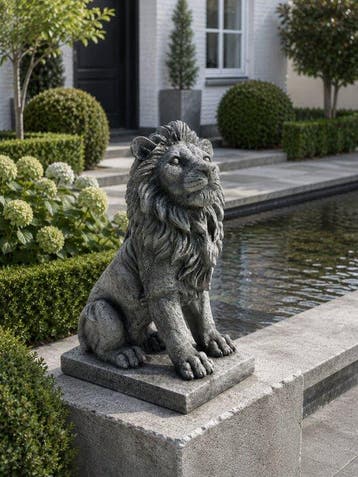 Beeld, tuinbeeld leeuw - 35 cm - cast stone