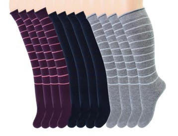 6 paar Kniekousen - Glitter - Gestreept - Paars-Marine-Grijs, Verzenden, Nieuw