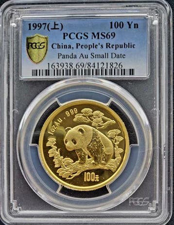 Gouden China Panda 1 oz 1997 PCGS MS69 Small Date (POP 79/1), Verzenden, Oost-Azië, Losse munt, Goud