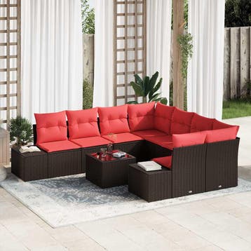 vidaXL Tuin Sofa Set 9 st Beige en Rood poly rattan, Verzenden, Nieuw, Meer dan 8 zitplaatsen