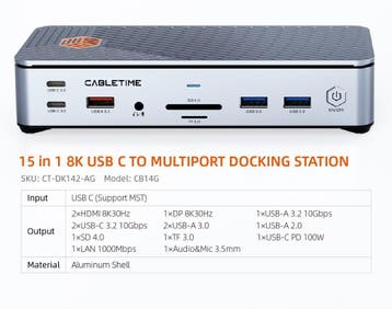 Cabletime – 8K USB C – 15 in 1 Docking Station – 3 monitoren, Ophalen of Verzenden, Nieuw, Docking station, Laptop