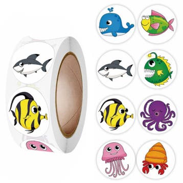 500 Stickers Op Rol - 2.5cm - Vissen & Zeedieren -, Verzenden, Nieuw