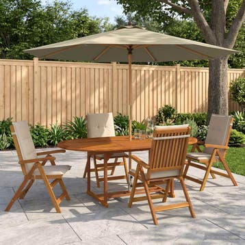 vidaXL Buiten Eetset met Parasol 6 st Crèmewit Massief, Verzenden, Nieuw, 6 zitplaatsen