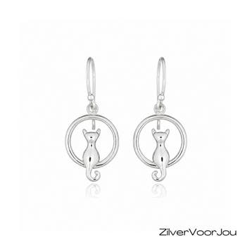 Zilveren cirkel oorhangers met poes, Verzenden, Nieuw, Zilver