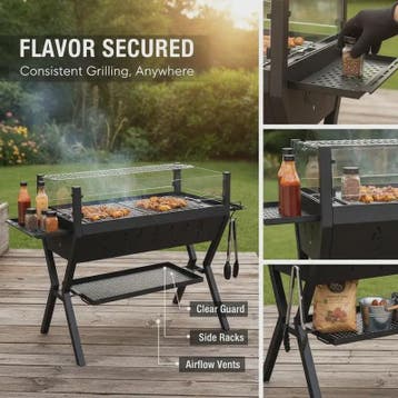 Stevige Zwarte Houtskool BBQ Grill met Windscherm en Kruiden, Verzenden, Nieuw